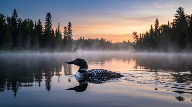 Common loon swimming in a serene misty lake at sunrise, representing Canadian wilderness and Canada Day themes, scenic tranquil nature backdrop.