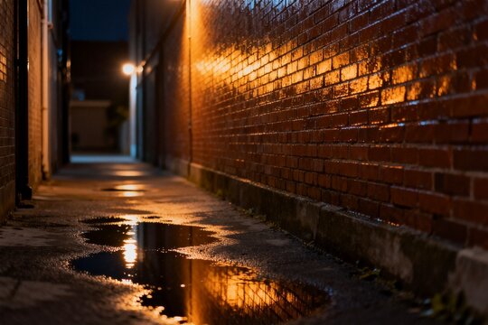 Nocturnal Alleyway with Brick Wall and Water Puddles