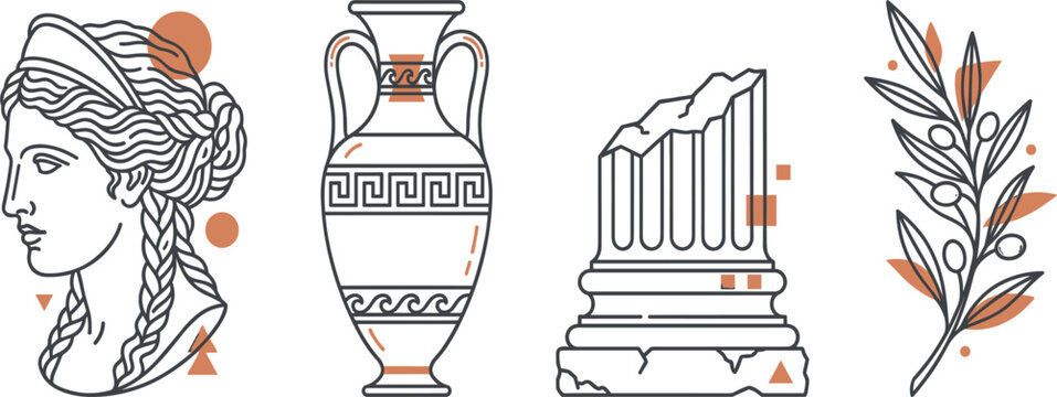 Ancient Greek Classical Elements Illustration Set Featuring Marble Statue Bust, Decorative Amphora Vase, Ruined Column and Olive Branch Artwork