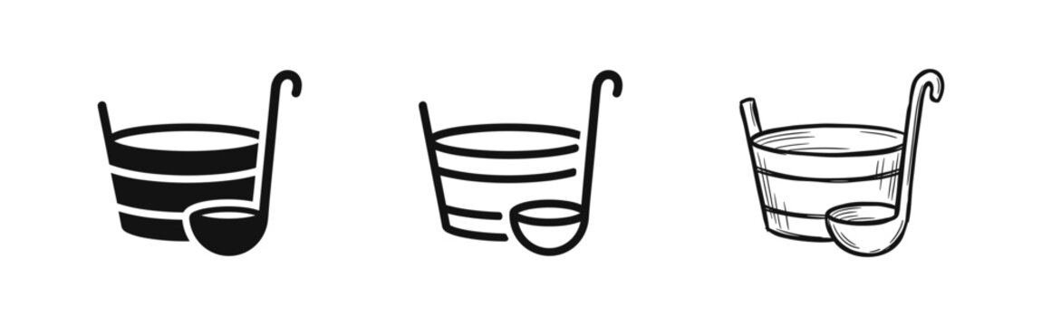 Sauna Wooden Bucket and Ladle Icons, Spa Wellness Accessories Vector Set