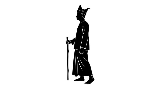 Black silhouette of a wizard walking.
