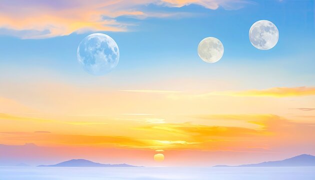 Three moons in a colorful skyscape during sunset. Mountains in the distance