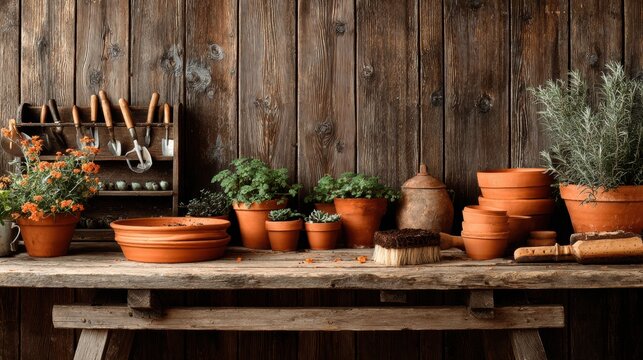 Terracotta pots on wooden bench with gardening tools and seedlings, warm rustic atmosphere evoking slow living and plant parenthood, clay textures, soil traces, hand tools neatly arranged for weekend