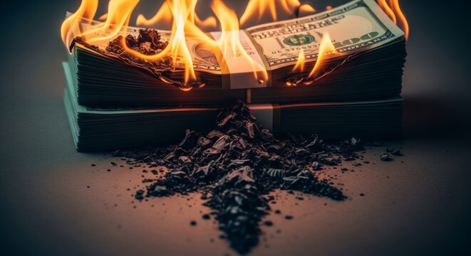 Stack of hundred dollar bills burning in fire. Paper money caught in flames turning to ash. Financial crisis, economic loss and bankruptcy concept. Expensive wealth destruction background.