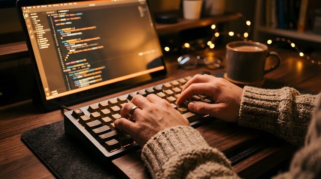 Software Developer Typing on Mechanical Keyboard at Night in Cozy Home Office with Code on Screen