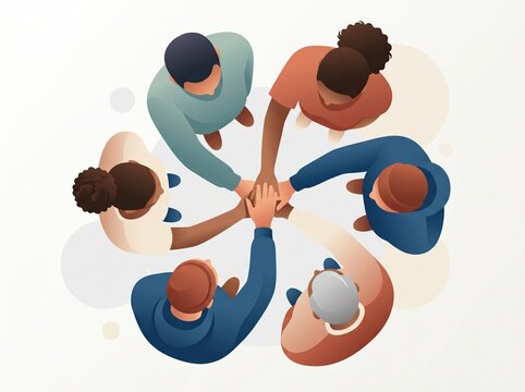 Friends team huddle clasped hands overhead unity community illustration