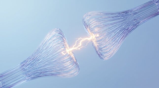 Dynamic electrical discharge connecting abstract fiber bundles, symbolizing neural network communication or data transfer