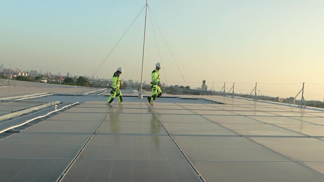 Two engineers in safety clothing with helmet check solar system with city view. Engineers walk alongside rows of solar panels. Man and woman worker inspecting rooftop solar farm at twilight sunset sky