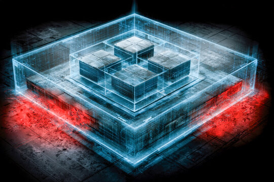Transparent Server Cube Stack With Red Cybersecurity Glow