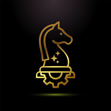 Golden knight chess piece icon with gears and stars on black background symbol.