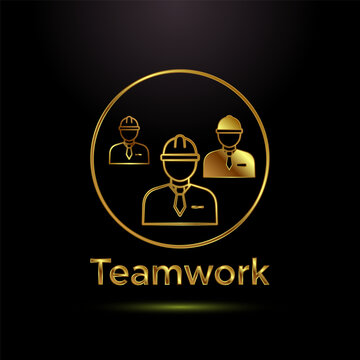 Teamwork gold icon showing group of workers wearing hard hats on black backdrop.