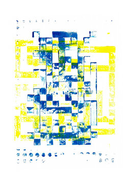 Abstract composition with overlapping geometric shapes in yellow and dark blue with a print press texture