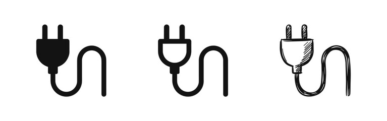 Obraz premium Electric Plug Icon Set - Power Cord and Connection Symbol in Solid, Outline, and Sketch Styles