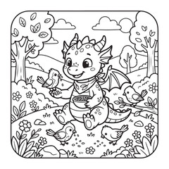 Fototapeta premium Cute baby dragon feeding birds coloring page for kids easy fun bold outline cartoon design art