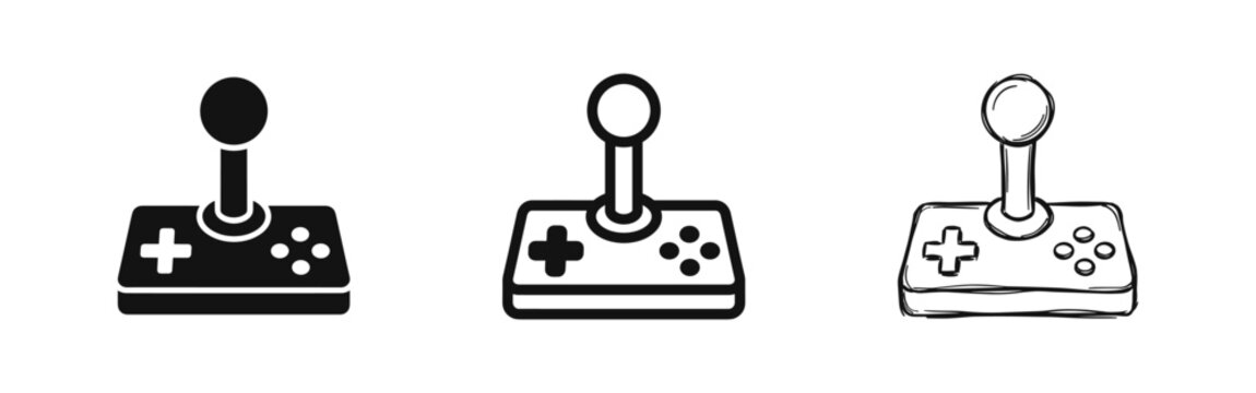 Retro arcade joystick gaming controller icon set in three styles