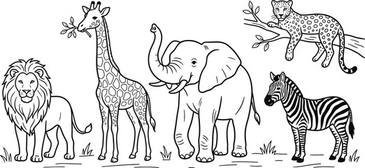 African Wildlife Collection Line Art Illustration Of Lion Giraffe Elephant Zebra Leopard © Peru