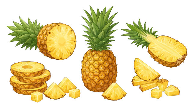 UntitledFresh Pineapple Fruit Set Vector with Rings, Wedges, and Cubed Pieces