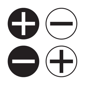 Plus and minus icon set. Add and remove symbols featuring  solid and stroke style in circle with Black and white colors. Simple flat design Isolated on white Background.