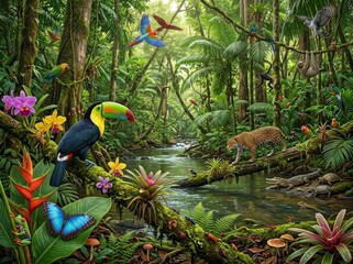 Fototapeta premium Toucan and jaguar in lush tropical rainforest. Diverse exotic wildlife and colorful birds in deep jungle ecosystem. Ecological environment, nature conservation and biodiversity concept.