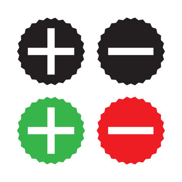 Plus and Minus Icons Set with star burst button style. Add and Remove Symbols Vector Collection Isolated on a white background with a simple, scalable style.