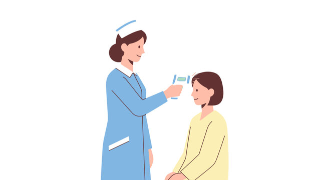 Nurse taking child's temperature with infrared thermometer, healthcare illustration