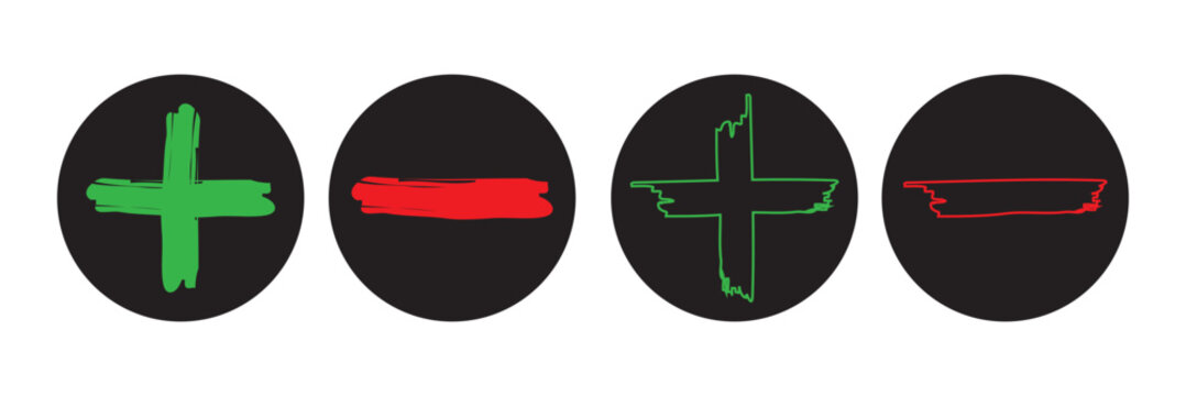 Plus and Minus Icons Collection. Add and Remove Symbol UI Buttons Vector Set in solid black circle button styles with  green and red color symbol.