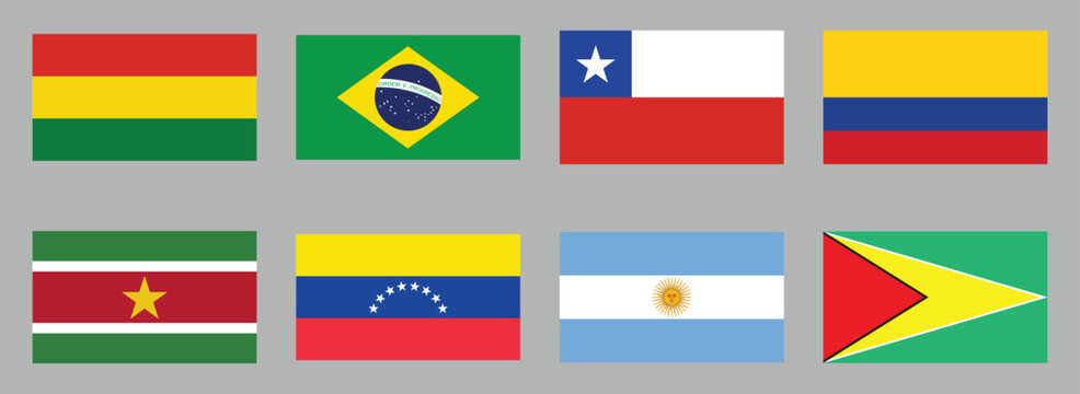 South America country flags vector icons set. Complete collection of South American national flag symbols in flat design. Set of round web buttons for travel, education, and geography apps. Vector EPS