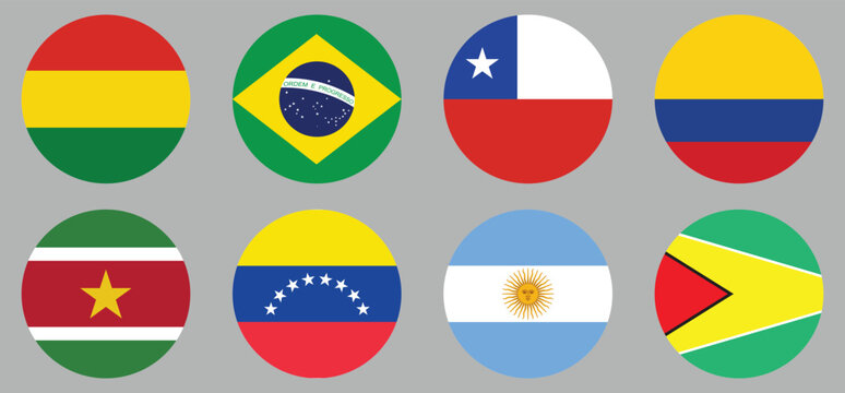South America country flags vector icons set. Complete collection of South American national flag symbols in flat design. Set of round web buttons for travel, education, and geography apps. Vector EPS