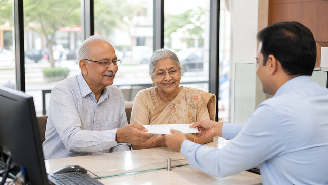 Senior indian couple handing over a document or cheque to a bank official at the bank counter