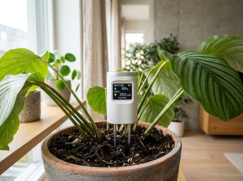 Smart soil moisture and light sensor in potted plant. Digital device monitoring houseplant health and environmental data. Innovative gardening technology for indoor plant care.