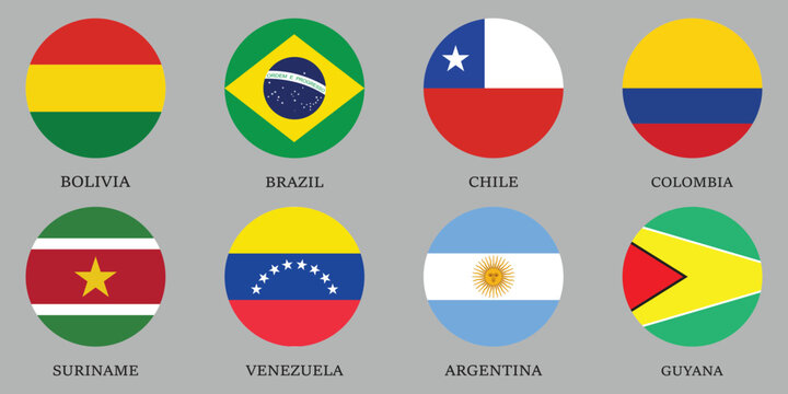 South America country flags vector icons set. Complete collection of South American national flag symbols in flat design. Set of round web buttons for travel, education, and geography apps. Vector EPS