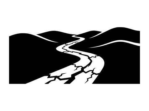 Vector Illustration of a Cracked and Broken Road Through Hilly Landscape