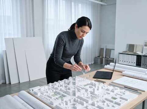 Architect removing scale figures from city model before investor presentation