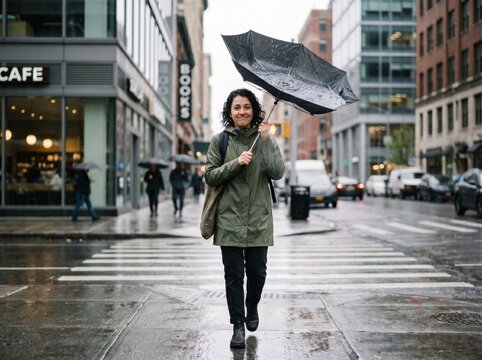 Pedestrian under broken umbrella in light drizzle for commute setback concept