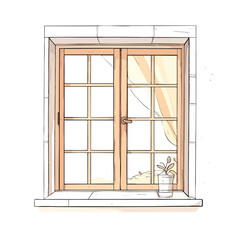 Obraz premium A hand drawn sketch of a classic wooden double window with a small potted plant on the sill.