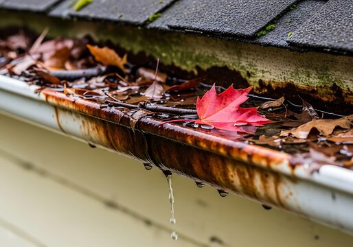 Clogged Gutter with Leaves and Water Damage Close-Up.