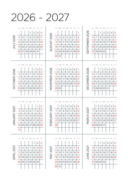 English 2026-2027 Vertical 3x4 Grid Blank Yearly Planner Sheet Clean Corporate Annual Calendar (Compatible with 2037-2038 and 2054-2055).