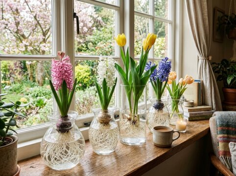Hyacinth and tulip bulb growing in clear glass vase on wooden window sill. Spring indoor garden with blooming flower for home decoration. Botanical nature still life interior design.