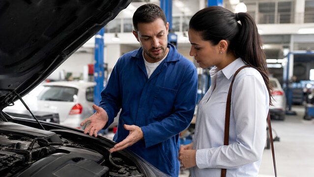 Professional mechanic explaining car engine repair to a female customer at an auto repair shop