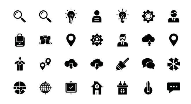A collection of various icons representing business and technology concepts on a white background