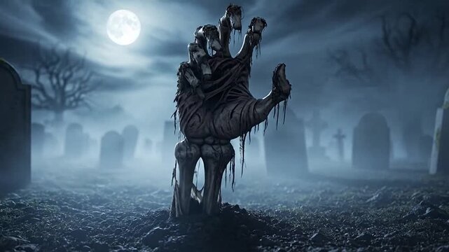 Zombie hand rising from graveyard under full moon night.