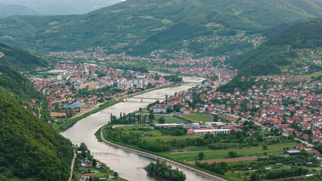 Gorazde, Bosnia and Herzegovina &ndash; May 31, 2026: Wide aerial view of Gorazde and the Drina River winding through the valley