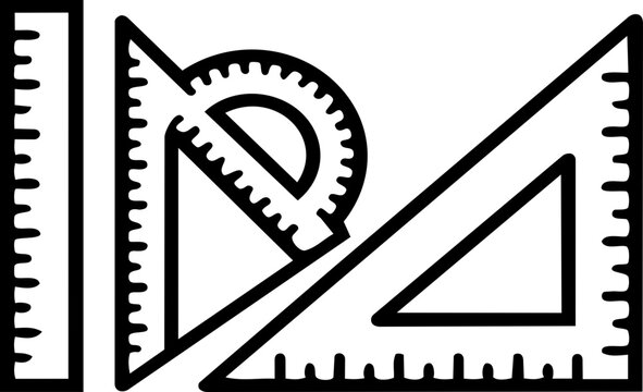 Black and white graphic illustration of various geometry and drafting tools including rulers, a protractor, and set squares.