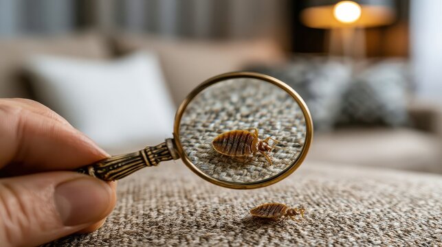 A hand holds a magnifying glass focusing on a bed bug on a carpet, highlighting pest inspection in a home setting.