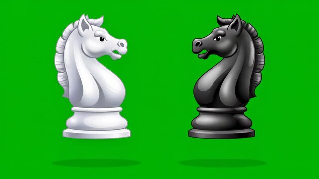 White and black chess knights moving in sequence across a green screen background