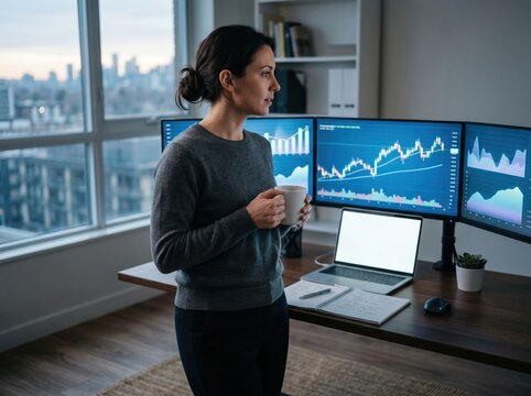 Premarket trader with coffee watching volatile stock screens in home office