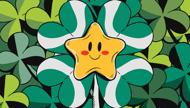 Clover, shamrock, star, smiling face, green, lucky, vector icons, illustrations, 40 clover leaf, St. Patrick's Day