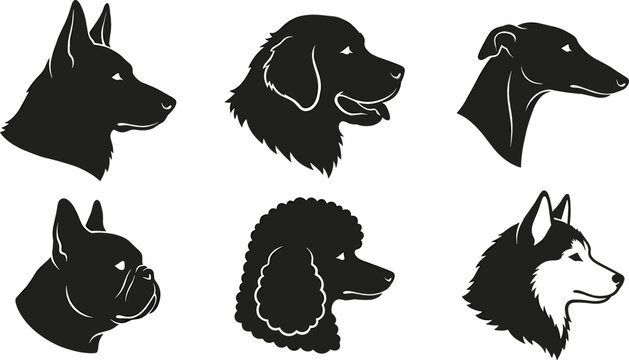 Dog head profile silhouette vector set featuring german shepherd retriever greyhound french bulldog poodle and husky breeds