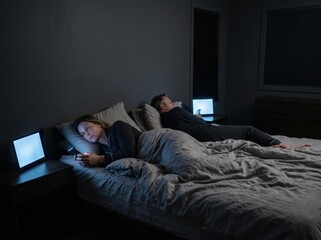 Fototapeta premium Couple in bed facing glowing assistant screens for digital intimacy concept