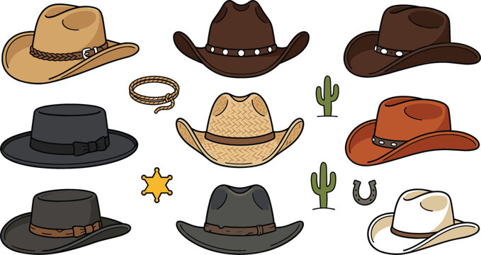 Cowboy hat vector collection featuring wild west headwear types straw hats stetson styles lasso sheriff star and cactus icons